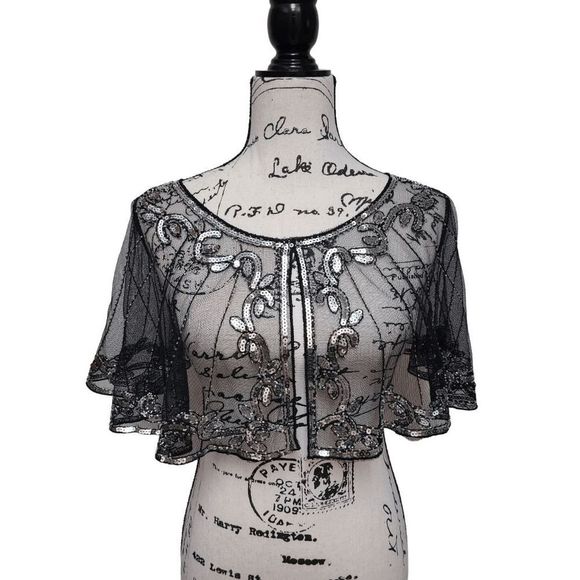 ✨ Sequin Mesh Evening Party Retro Flapper 1920s Shawl Wrap Cover Up Cape NEW - Picture 1 of 12